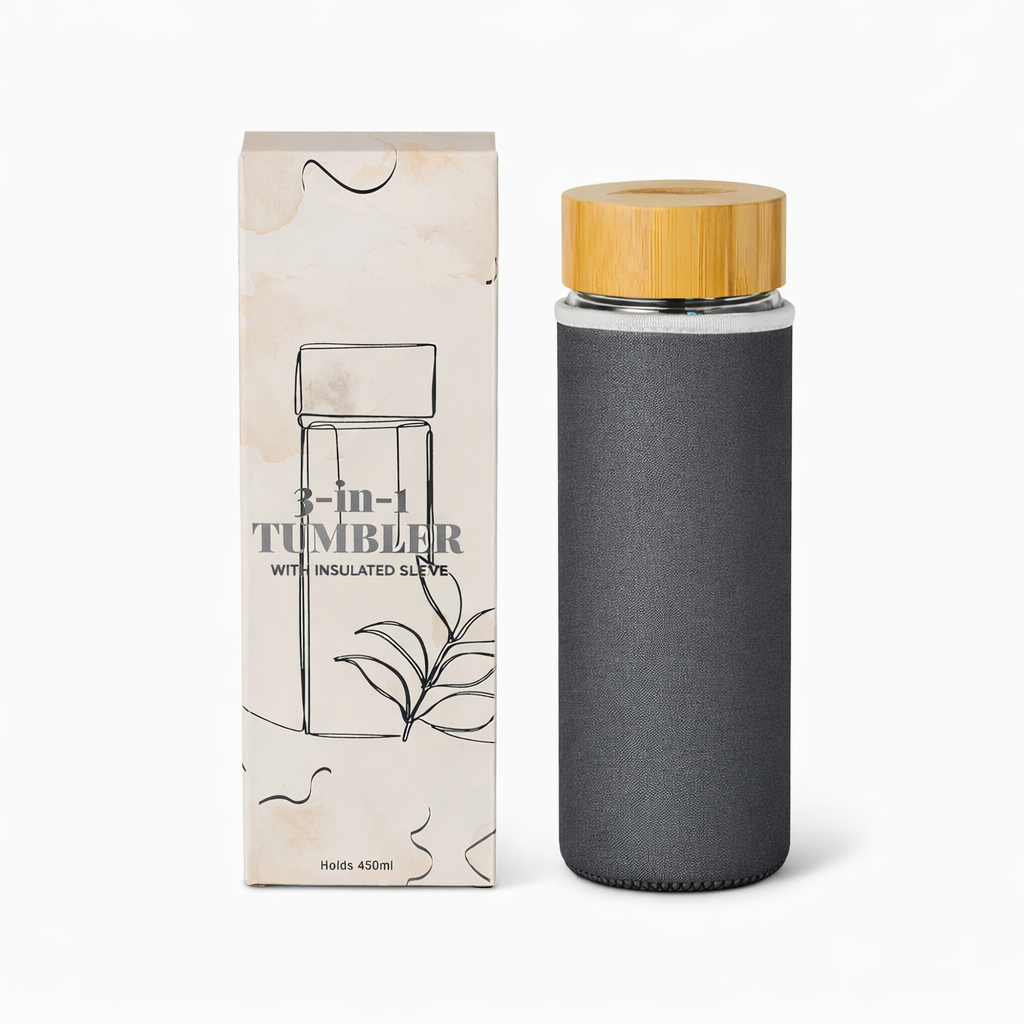 Charcoal 3-in-1 glass tumbler with insulated sleeve and bamboo lid next to its box.