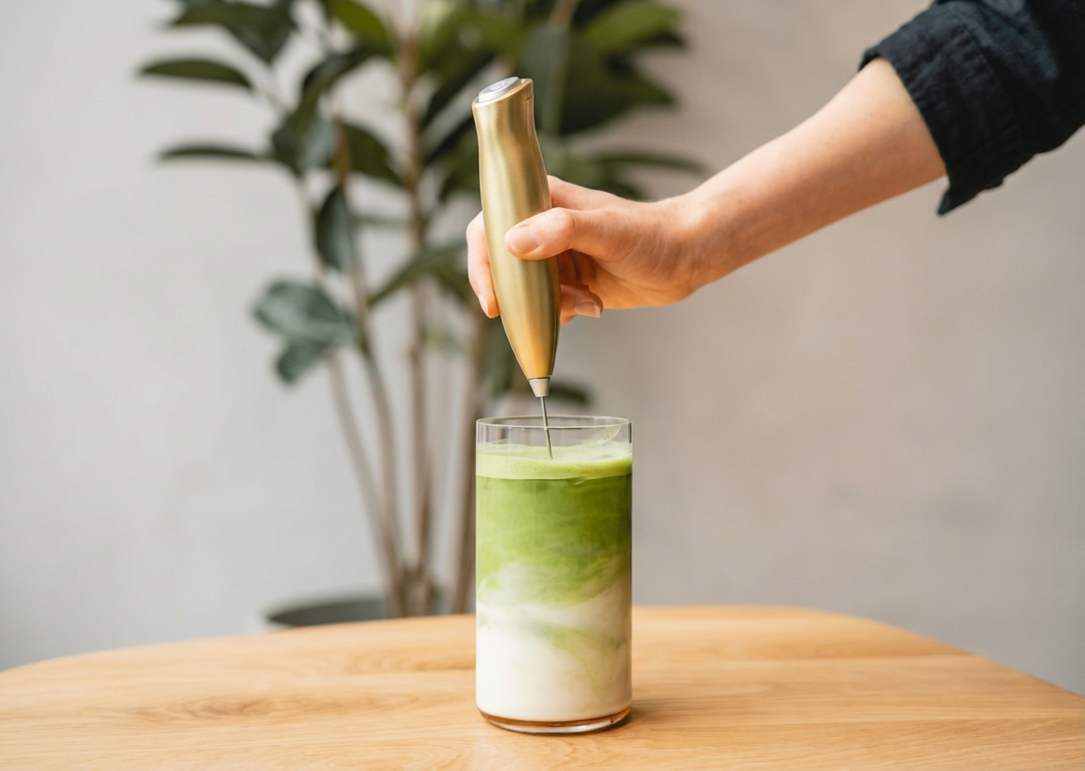 Handheld gold matcha whisk mixing green matcha powder in layered milk drink on wooden table.